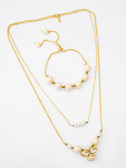 Elegant Gold-Plated Layered Pearl Necklace with Kundan Clover Pendant and Matching Bracelet Set