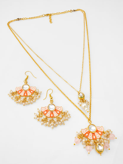 Peach Meenakari Fan-Style Pendant Necklace Set with Pearl Droplets