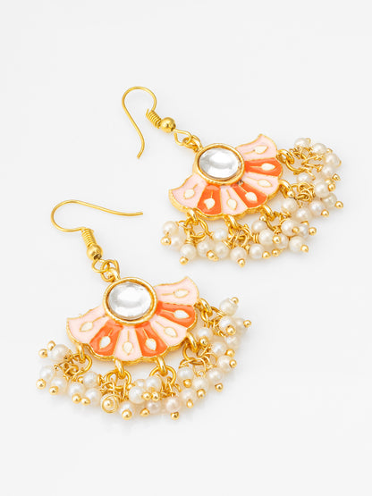 Peach Meenakari Fan-Style Pendant Necklace Set with Pearl Droplets