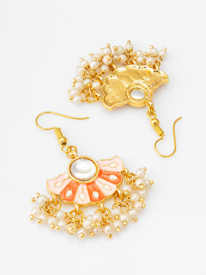 Peach Meenakari Fan-Style Pendant Necklace Set with Pearl Droplets