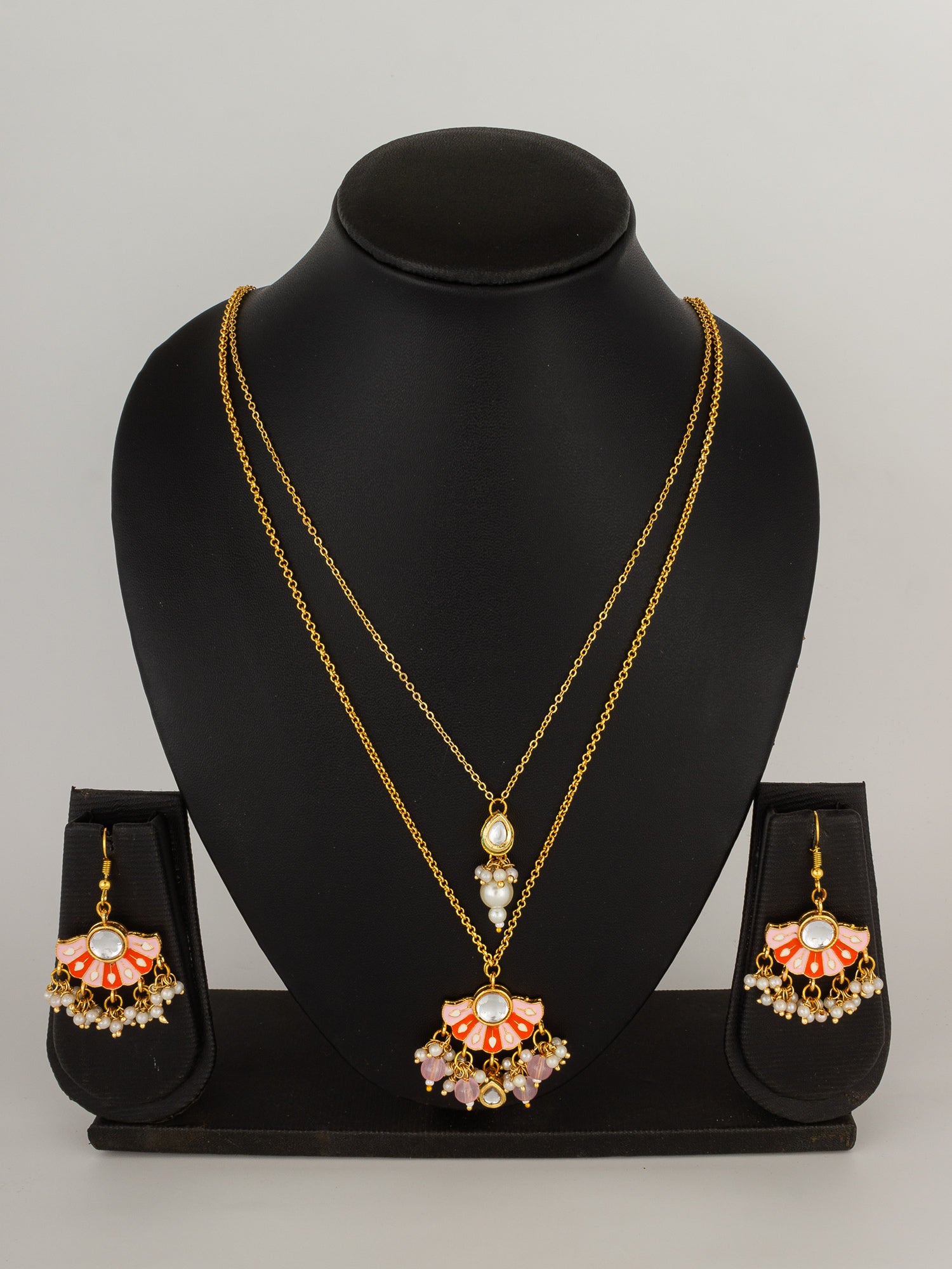 Peach Meenakari Fan-Style Pendant Necklace Set with Pearl Droplets