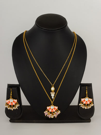 Peach Meenakari Fan-Style Pendant Necklace Set with Pearl Droplets