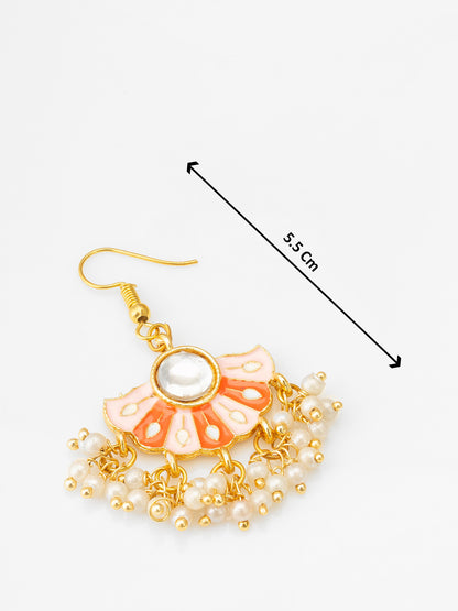 Peach Meenakari Fan-Style Pendant Necklace Set with Pearl Droplets