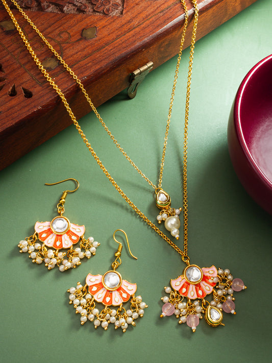 Peach Meenakari Fan-Style Pendant Necklace Set with Pearl Droplets