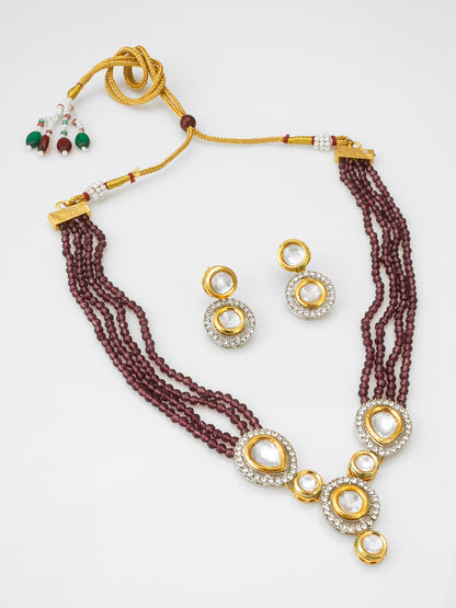 Majestic Maroon Five-Strand Beaded Kundan Necklace Set with Stud Earrings