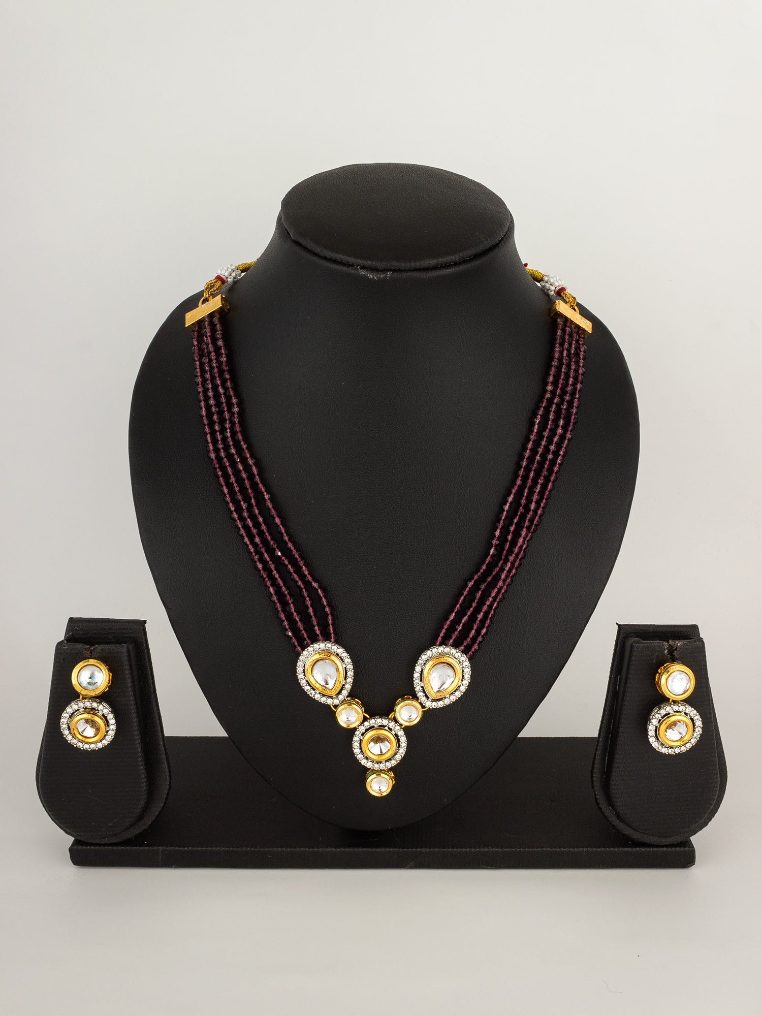 Majestic Maroon Five-Strand Beaded Kundan Necklace Set with Stud Earrings