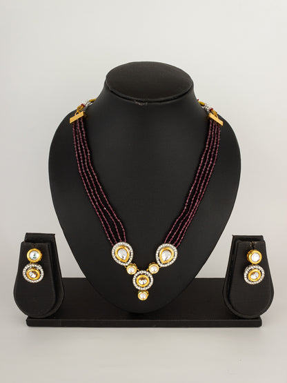 Majestic Maroon Five-Strand Beaded Kundan Necklace Set with Stud Earrings