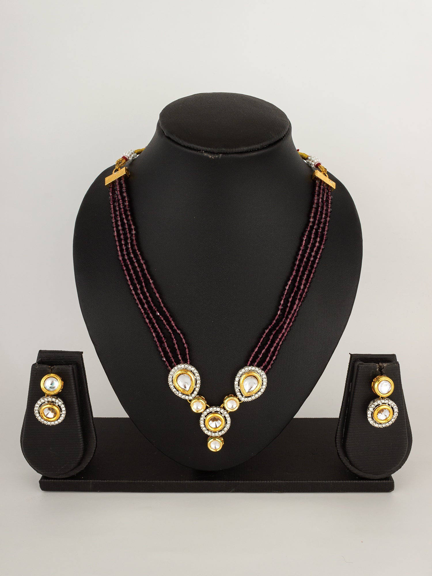 Majestic Maroon Five-Strand Beaded Kundan Necklace Set with Stud Earrings WNK4504
