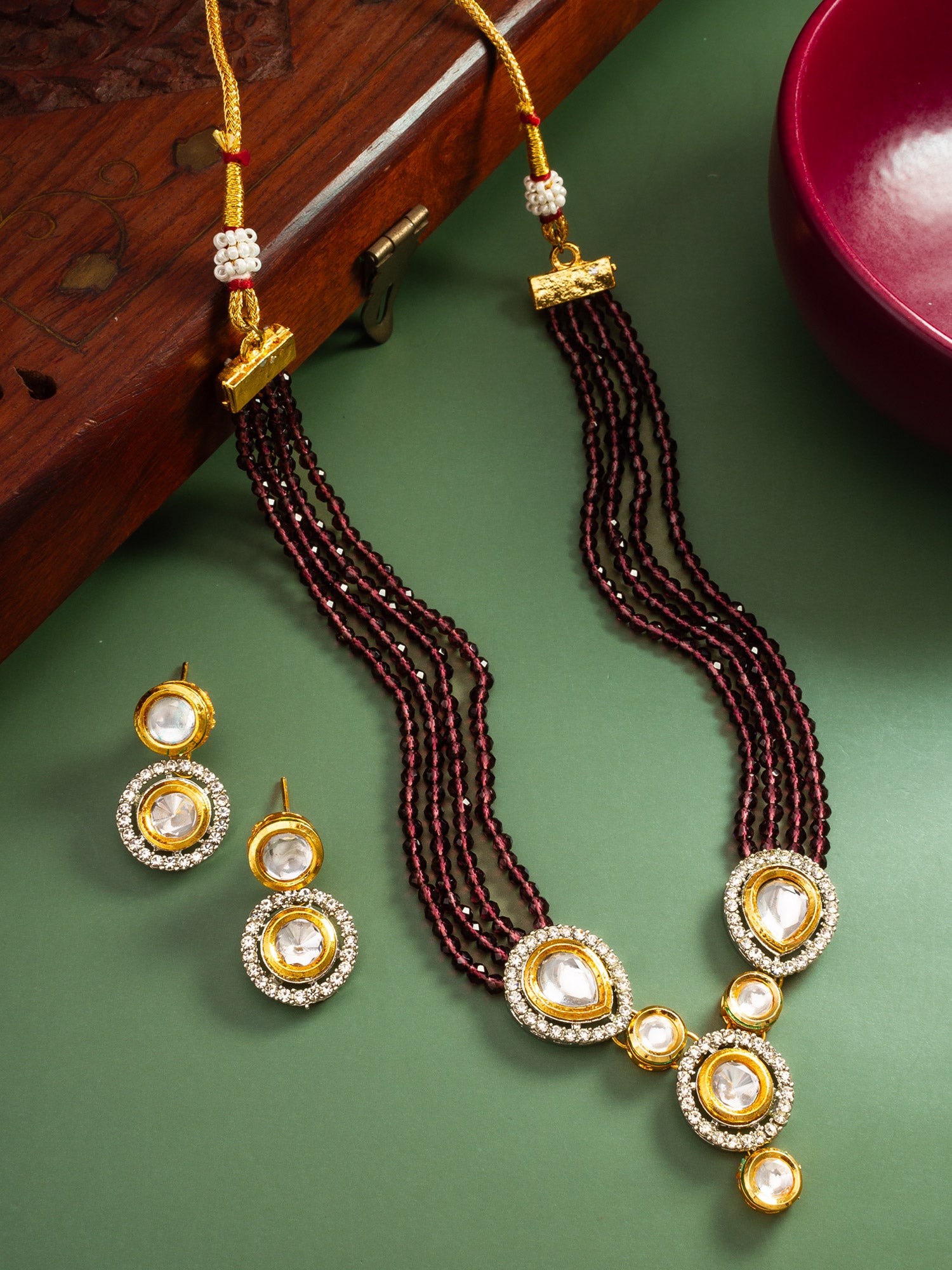 Majestic Maroon Five-Strand Beaded Kundan Necklace Set with Stud Earrings