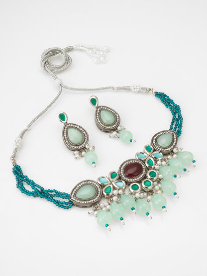 Oxidized Silver-Plated Mint Green and Teal Beaded Choker Set with Teardrop Accents
