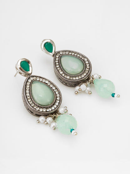 Oxidized Silver-Plated Mint Green and Teal Beaded Choker Set with Teardrop Accents
