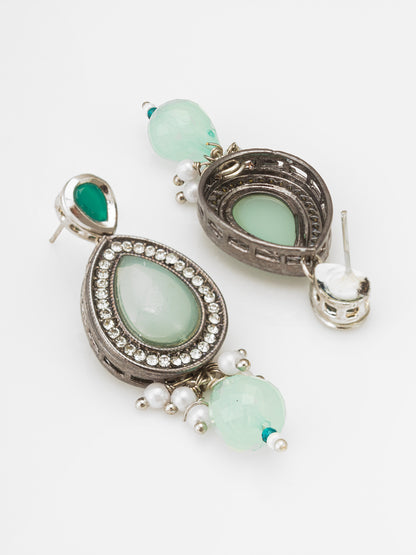Oxidized Silver-Plated Mint Green and Teal Beaded Choker Set with Teardrop Accents