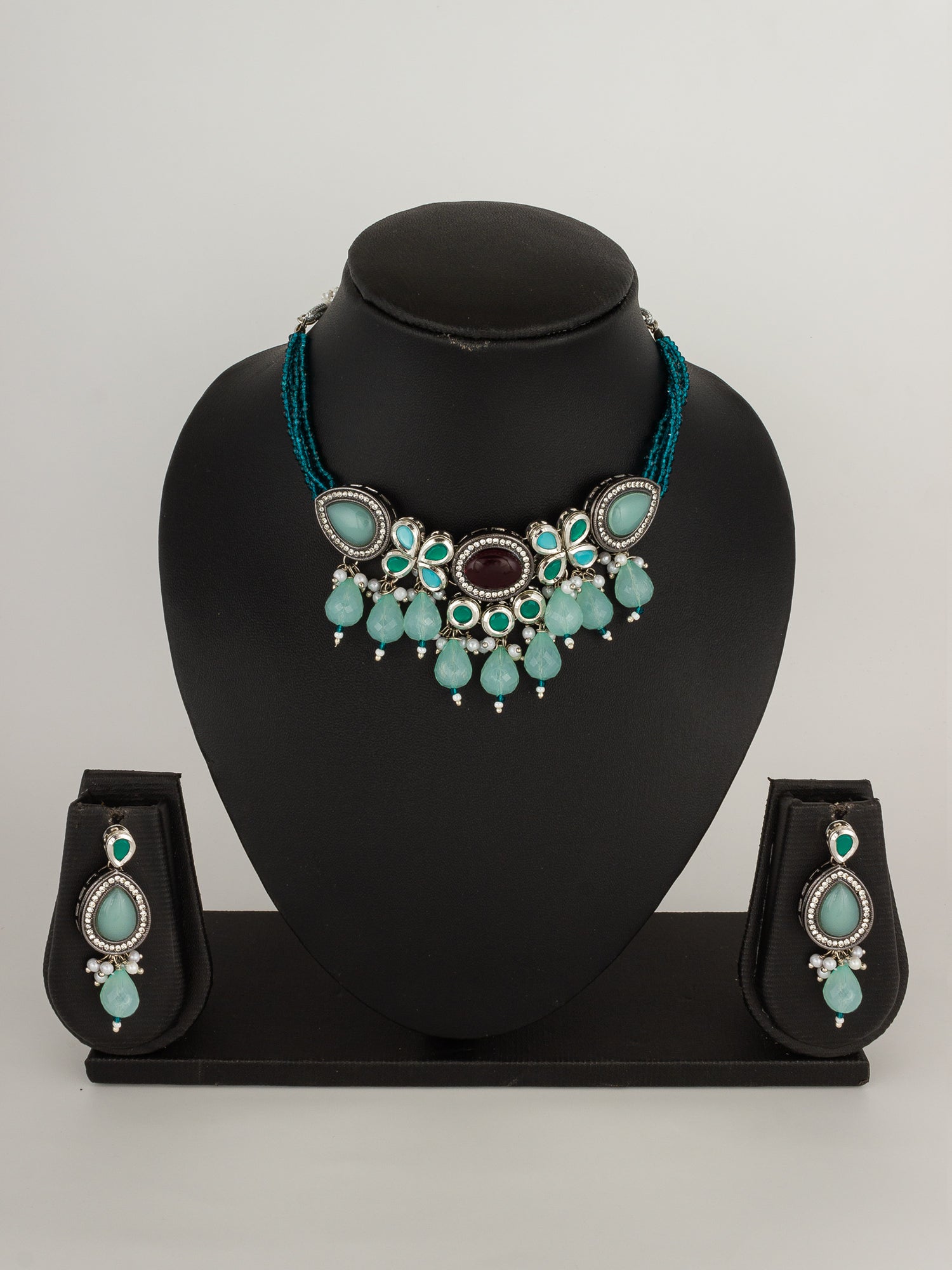 Oxidized Silver-Plated Mint Green and Teal Beaded Choker Set with Teardrop Accents