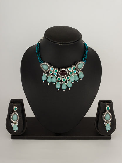 Oxidized Silver-Plated Mint Green and Teal Beaded Choker Set with Teardrop Accents