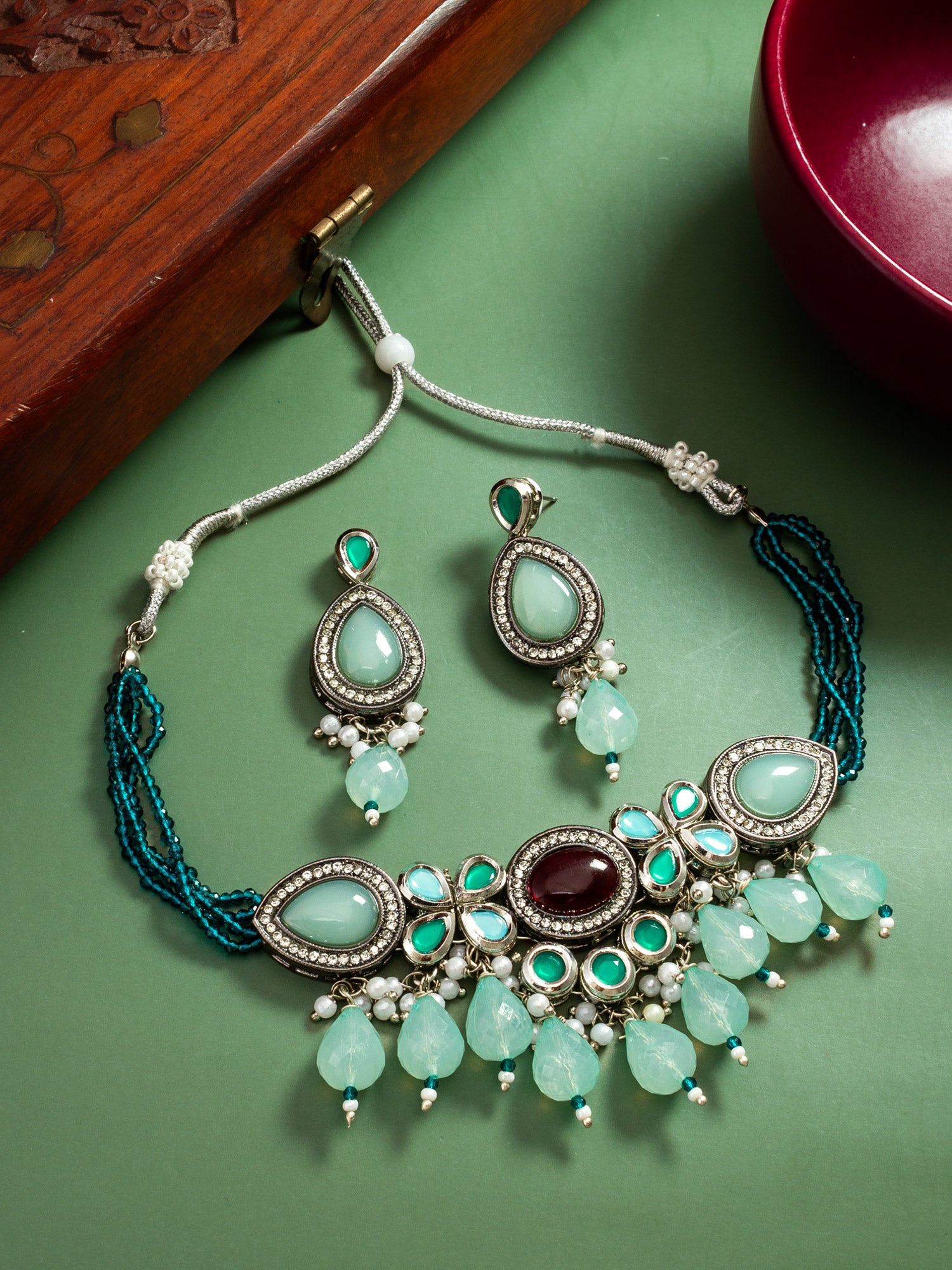 Oxidized Silver-Plated Mint Green and Teal Beaded Choker Set with Teardrop Accents