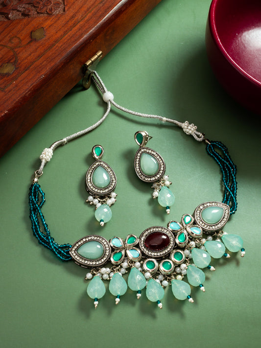Oxidized Silver-Plated Mint Green and Teal Beaded Choker Set with Teardrop Accents