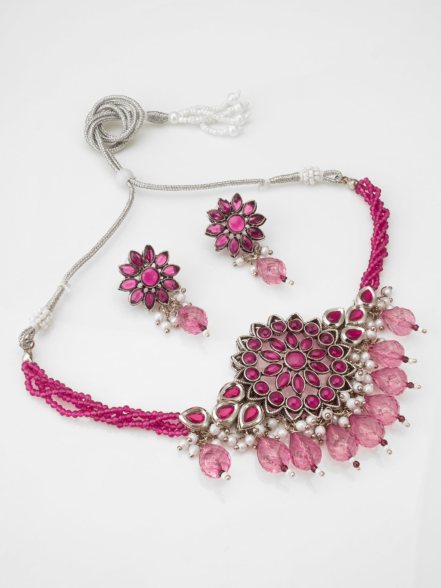 Oxidized Silver-Plated Pink Floral Choker Necklace Set with Crystal Droplets