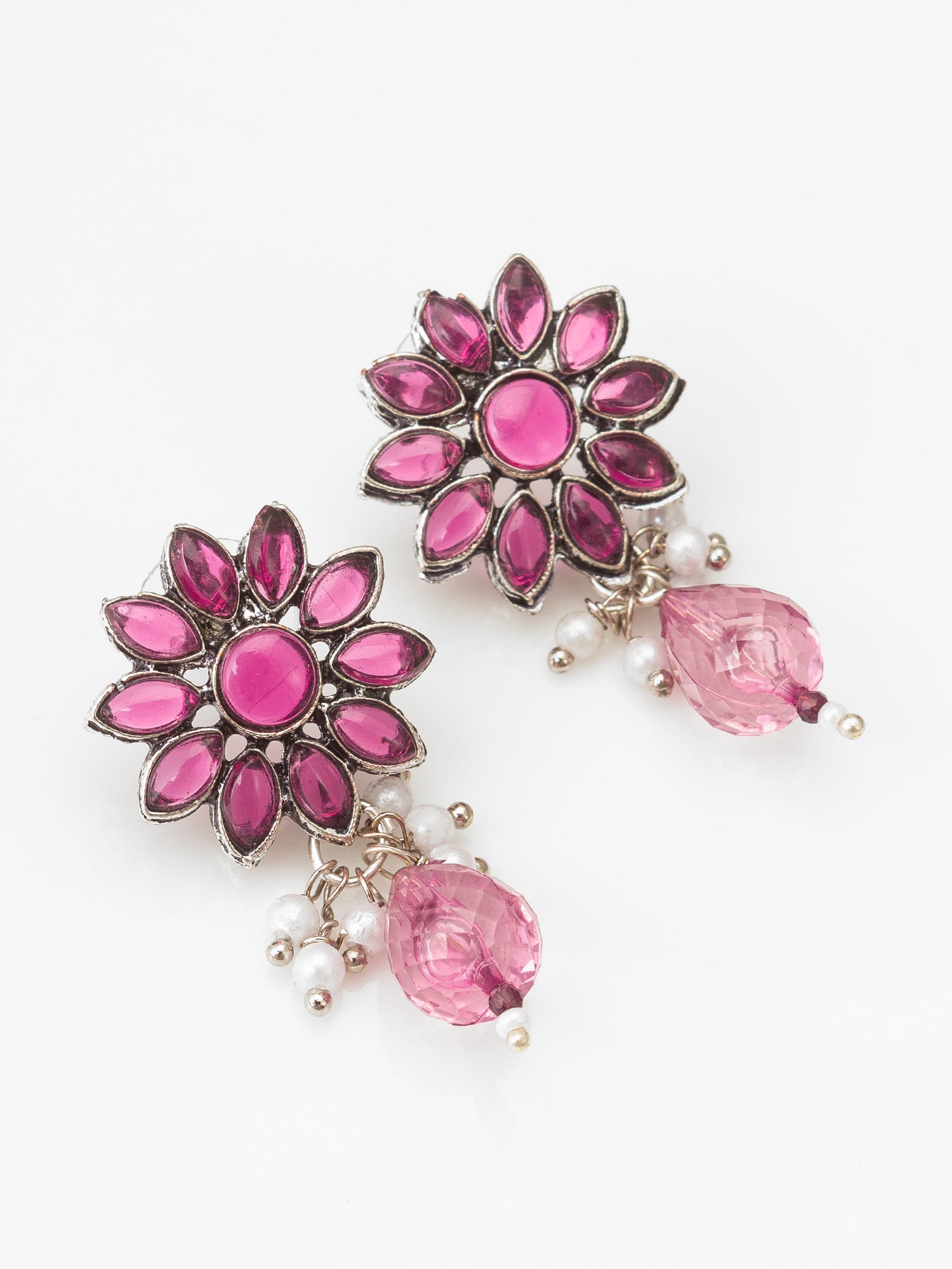 Oxidized Silver-Plated Pink Floral Choker Necklace Set with Crystal Droplets