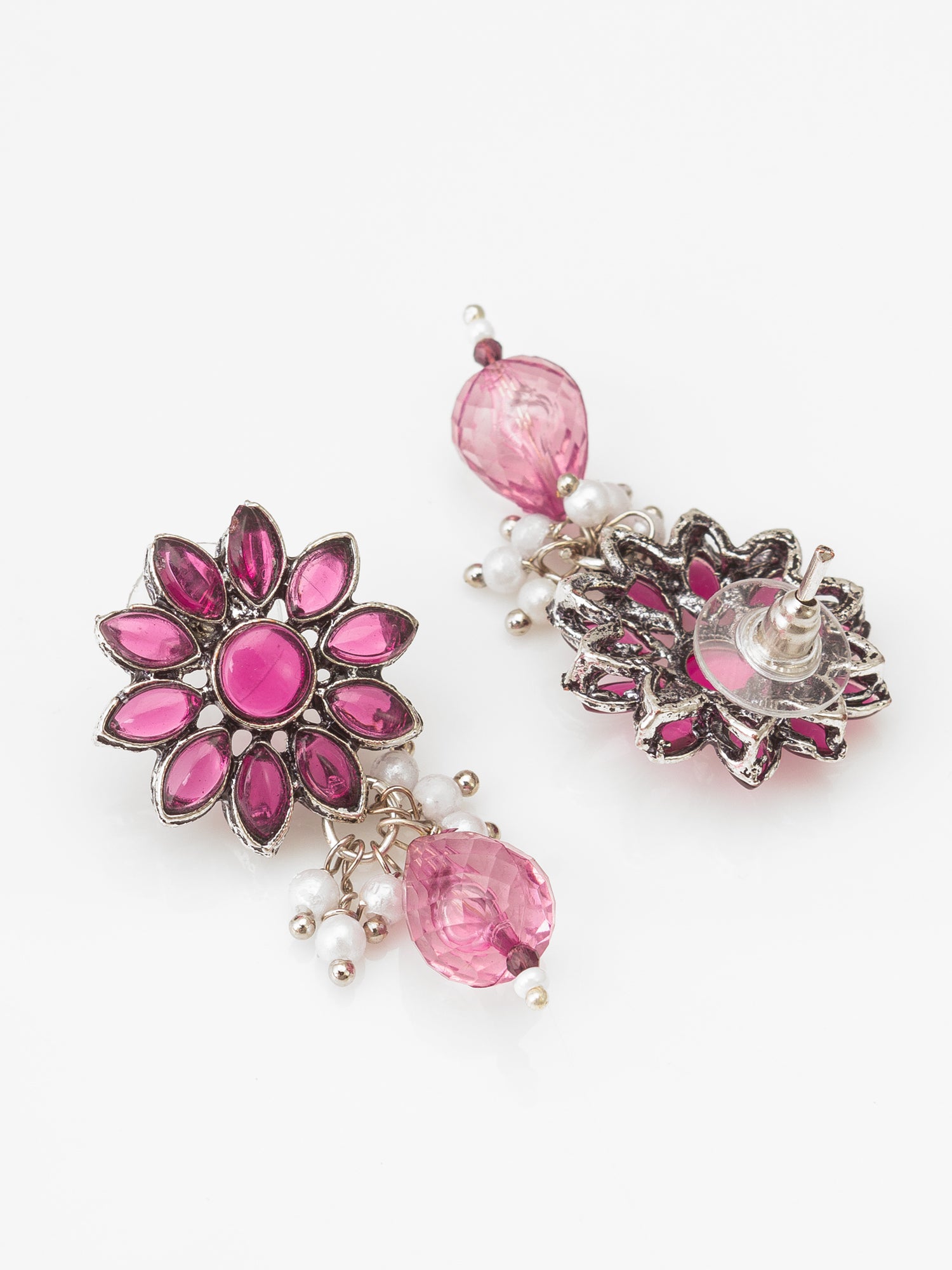 Oxidized Silver-Plated Pink Floral Choker Necklace Set with Crystal Droplets