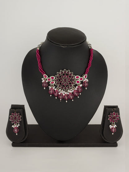 Oxidized Silver-Plated Pink Floral Choker Necklace Set with Crystal Droplets