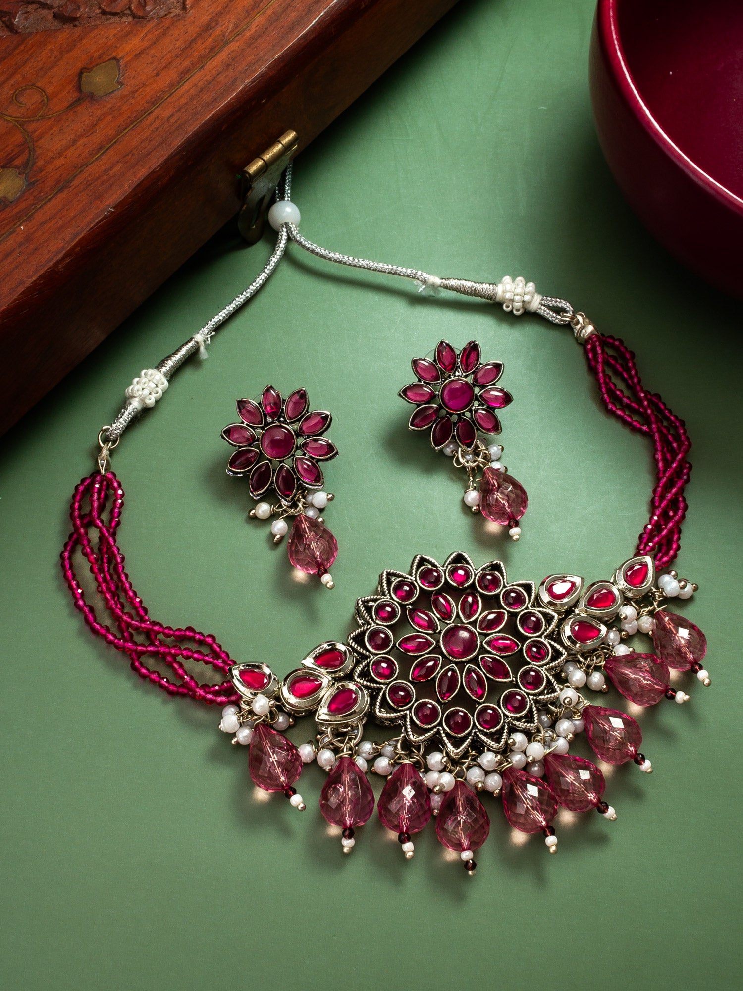 Oxidized Silver-Plated Pink Floral Choker Necklace Set with Crystal Droplets