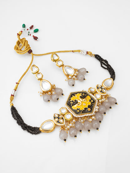 Regal Black and Yellow Meenakari Bird Motif Choker with Grey Stone Droplets