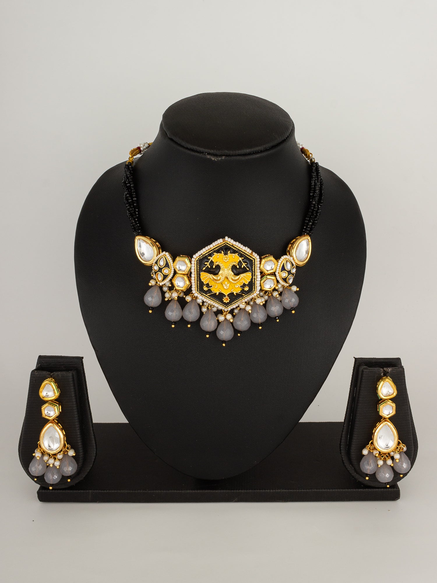 Regal Black and Yellow Meenakari Bird Motif Choker with Grey Stone Droplets