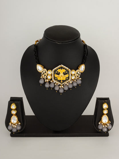 Regal Black and Yellow Meenakari Bird Motif Choker with Grey Stone Droplets