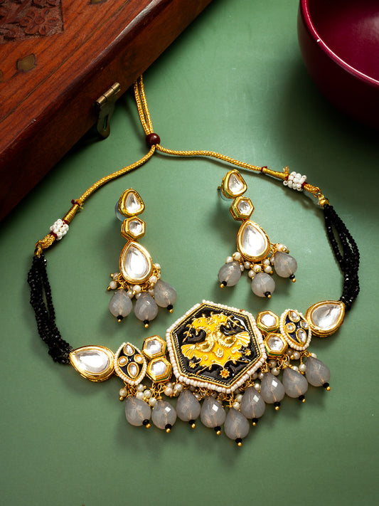 Regal Black and Yellow Meenakari Bird Motif Choker with Grey Stone Droplets