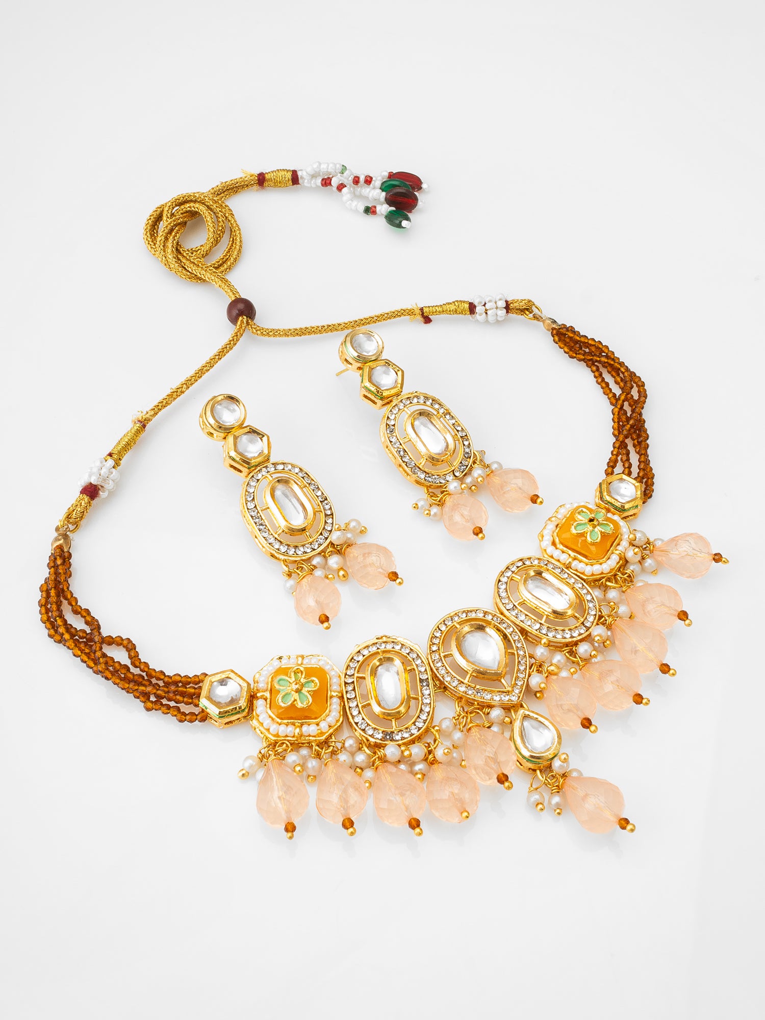 Traditional Gold-Plated Kundan Choker Set with Peach Bead Droplets