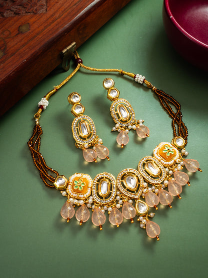 Traditional Gold-Plated Kundan Choker Set with Peach Bead Droplets