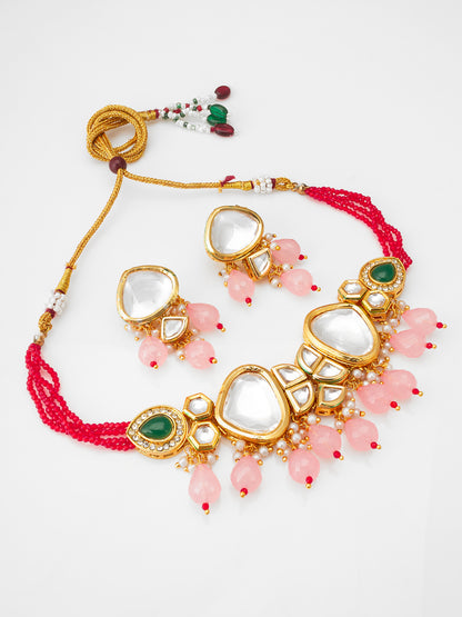 Majestic Gold-Plated Kundan Choker Set with Pink Bead Droplets and Green Accents