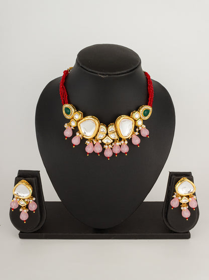 Majestic Gold-Plated Kundan Choker Set with Pink Bead Droplets and Green Accents