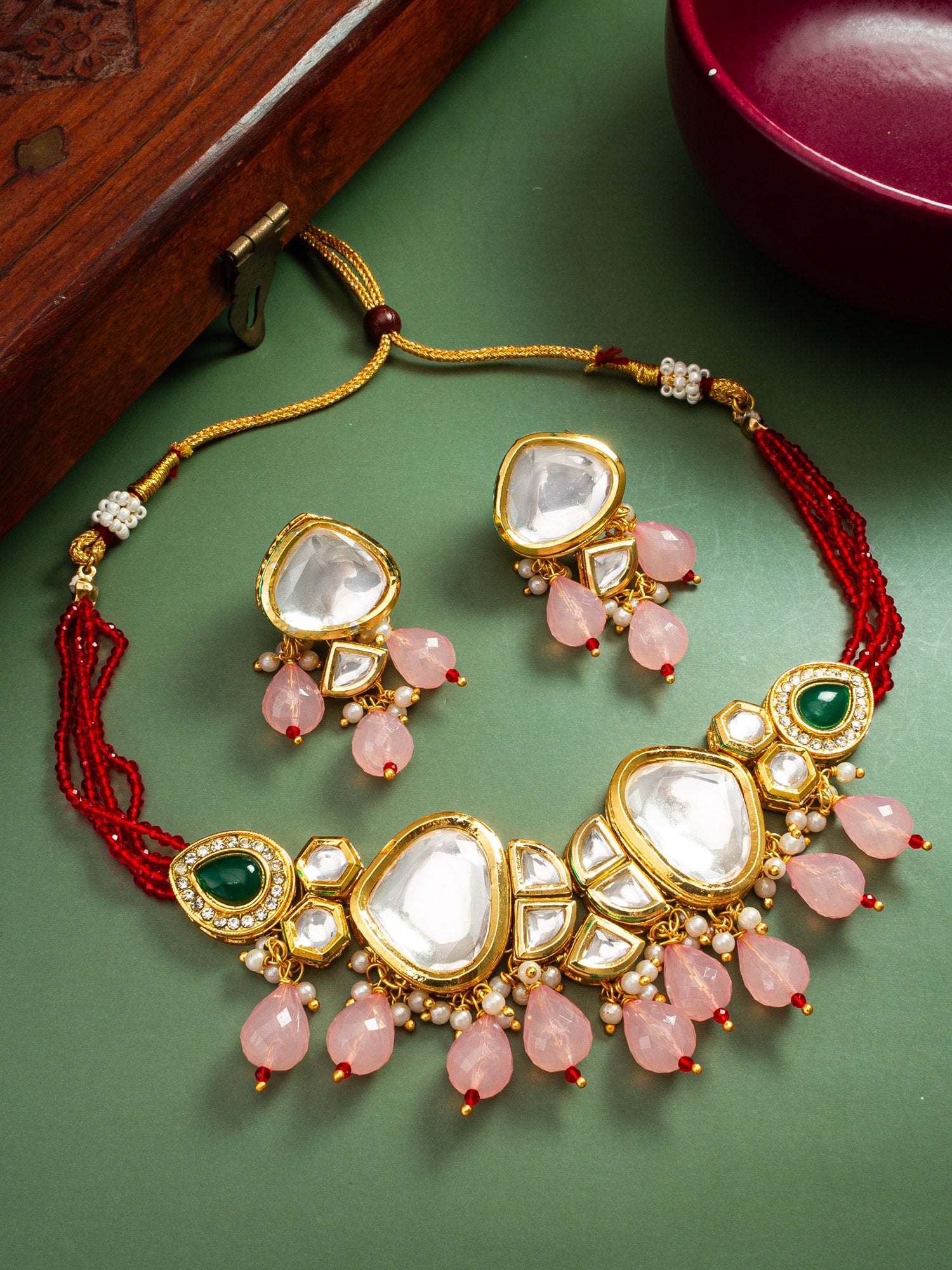 Majestic Gold-Plated Kundan Choker Set with Pink Bead Droplets and Green Accents