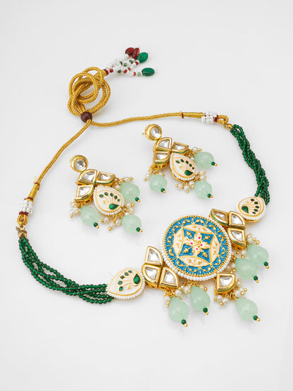 Traditional Gold-Plated Meenakari Floral Choker Set with Mint Green Drops