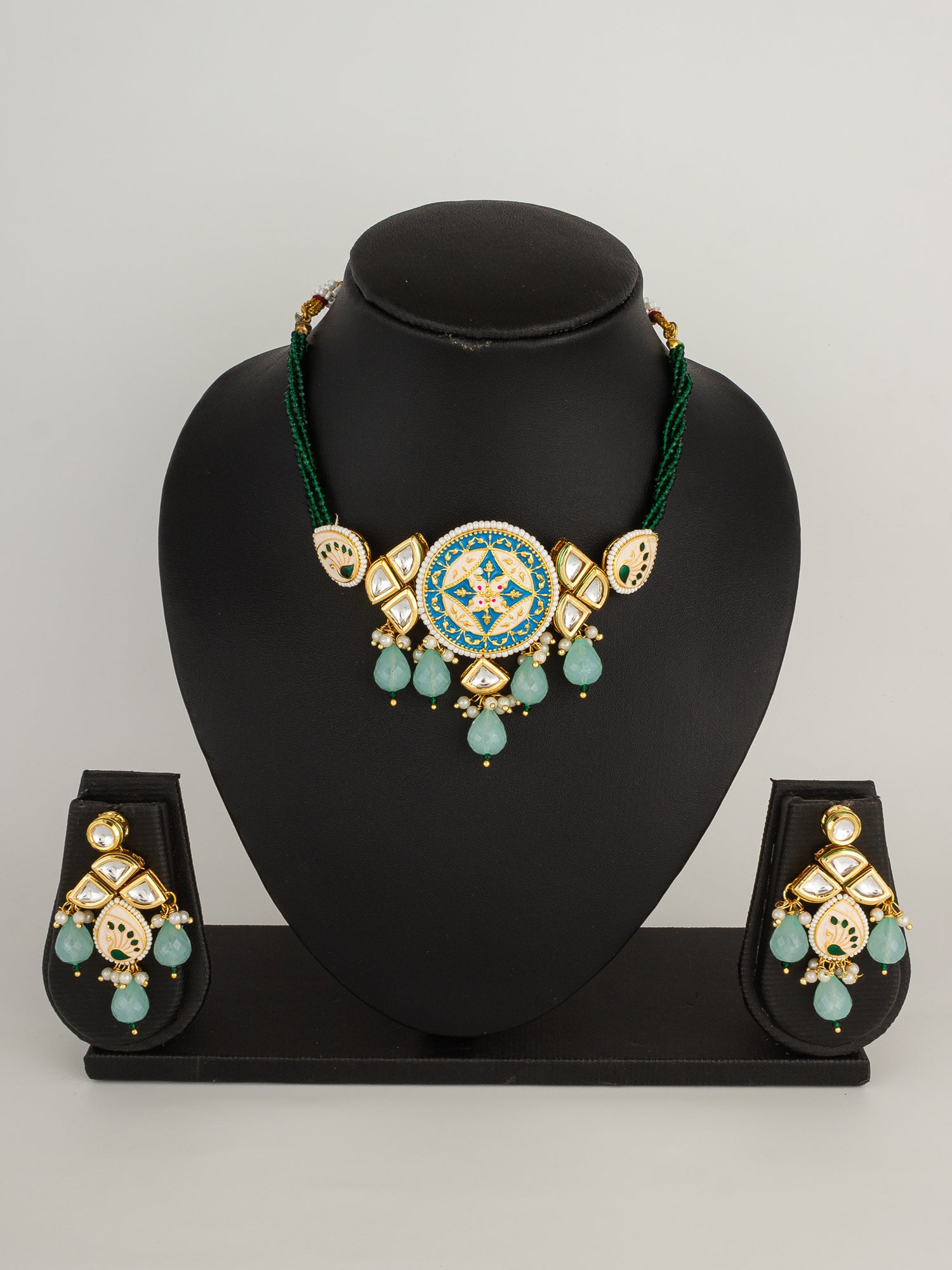 Traditional Gold-Plated Meenakari Floral Choker Set with Mint Green Drops