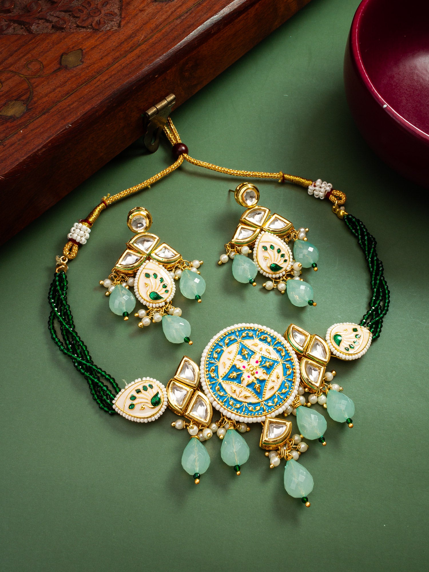 Traditional Gold-Plated Meenakari Floral Choker Set with Mint Green Drops