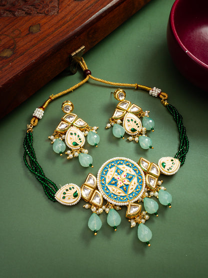 Traditional Gold-Plated Meenakari Floral Choker Set with Mint Green Drops