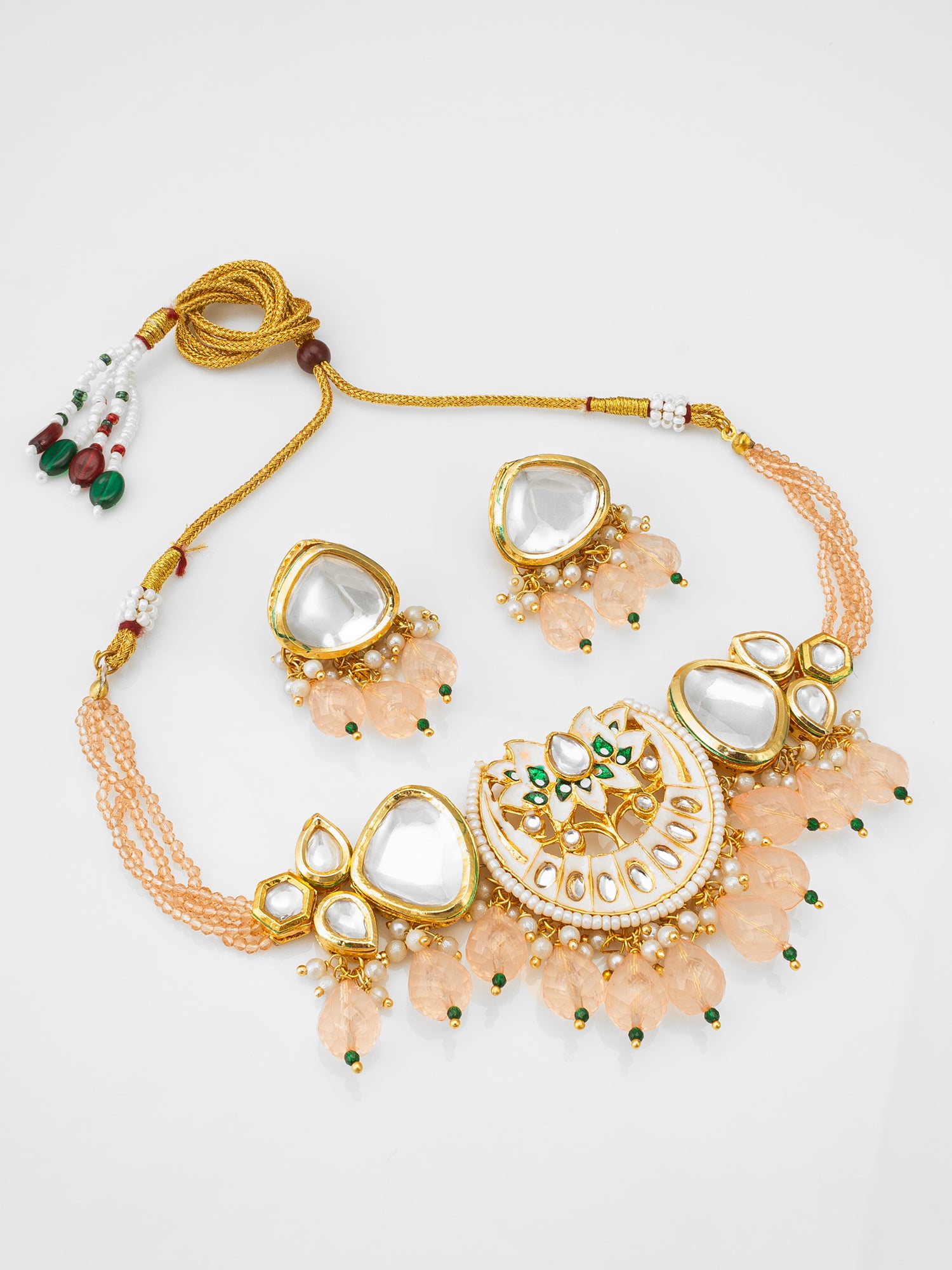 Traditional Gold-Plated Meenakari Floral Choker Set with Peach Bead Droplets