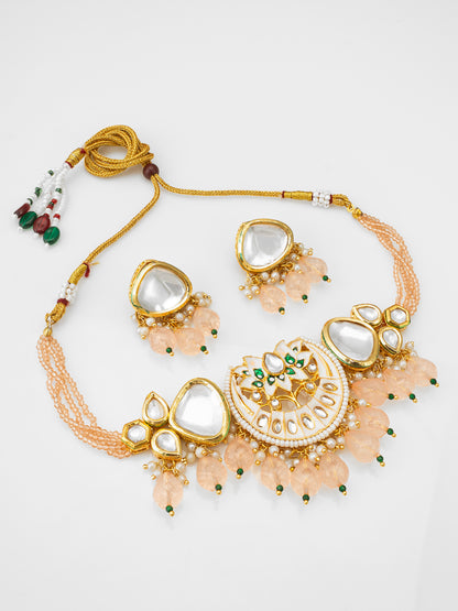 Traditional Gold-Plated Meenakari Floral Choker Set with Peach Bead Droplets