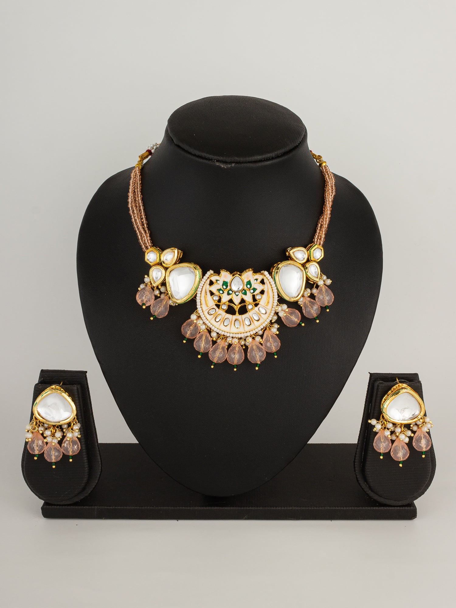 Traditional Gold-Plated Meenakari Floral Choker Set with Peach Bead Droplets