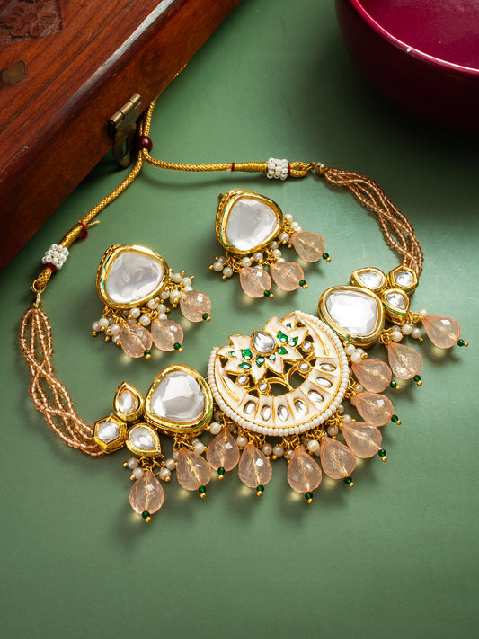 Traditional Gold-Plated Meenakari Floral Choker Set with Peach Bead Droplets