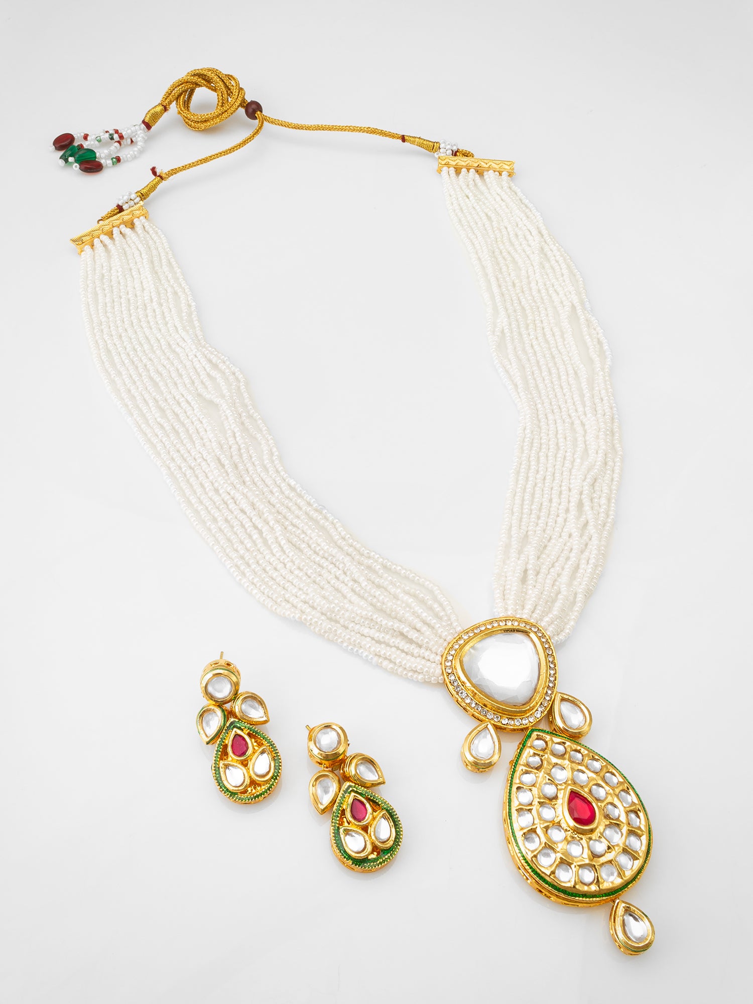 Traditional Red and Green Meenakari Kundan Choker with Pearl Fringes