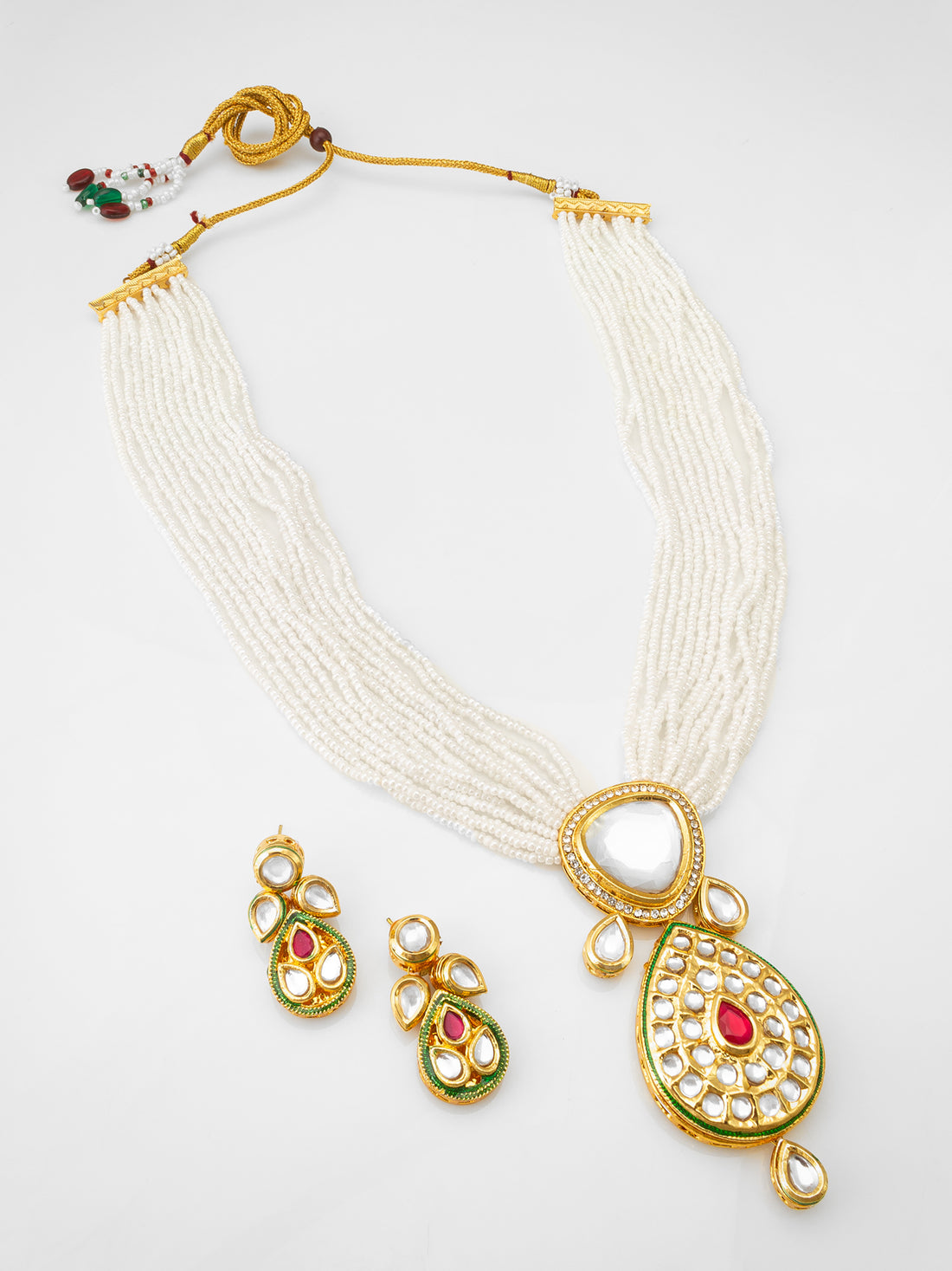 Traditional Red and Green Meenakari Kundan Choker with Pearl Fringes