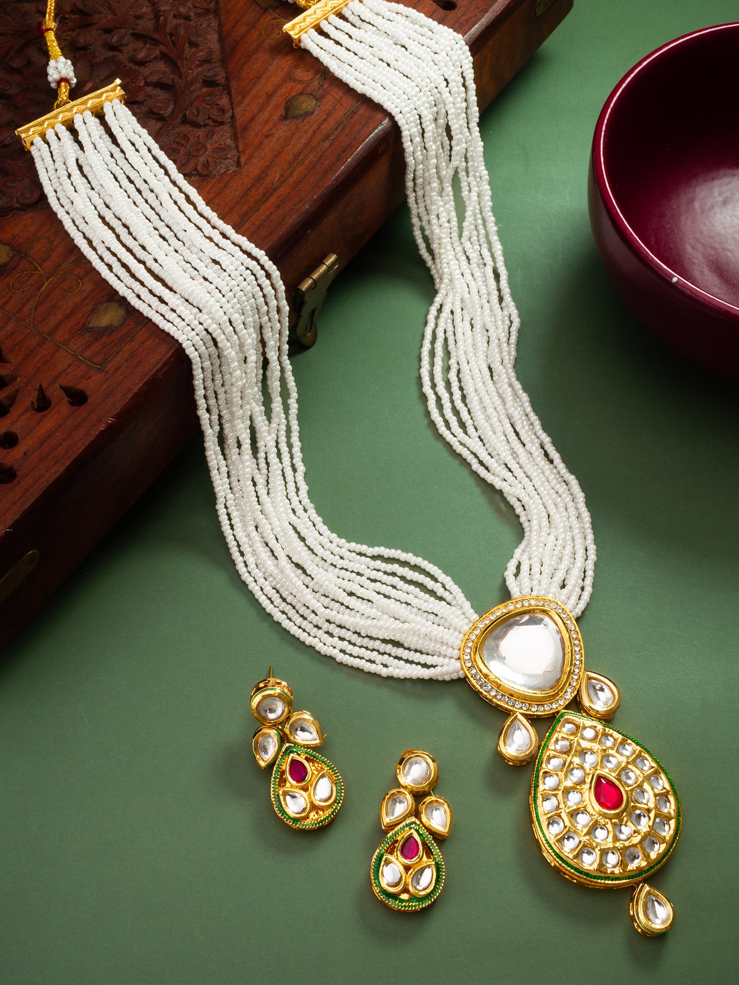 Traditional Red and Green Meenakari Kundan Choker with Pearl Fringes