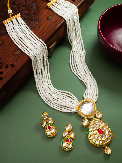 Traditional Red and Green Meenakari Kundan Choker with Pearl Fringes