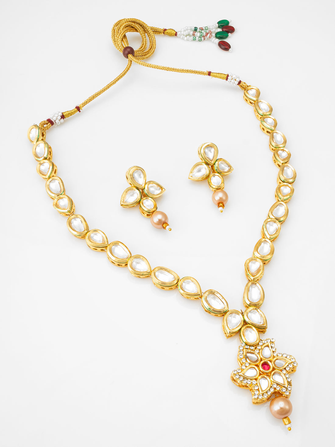 Classic Gold-Plated Kundan Teardrop Necklace with Floral Star Pendant
