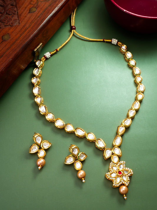 Classic Gold-Plated Kundan Teardrop Necklace with Floral Star Pendant