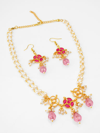 Graceful Pink Stone and Pearl Layered Necklace Set with Drop Earrings