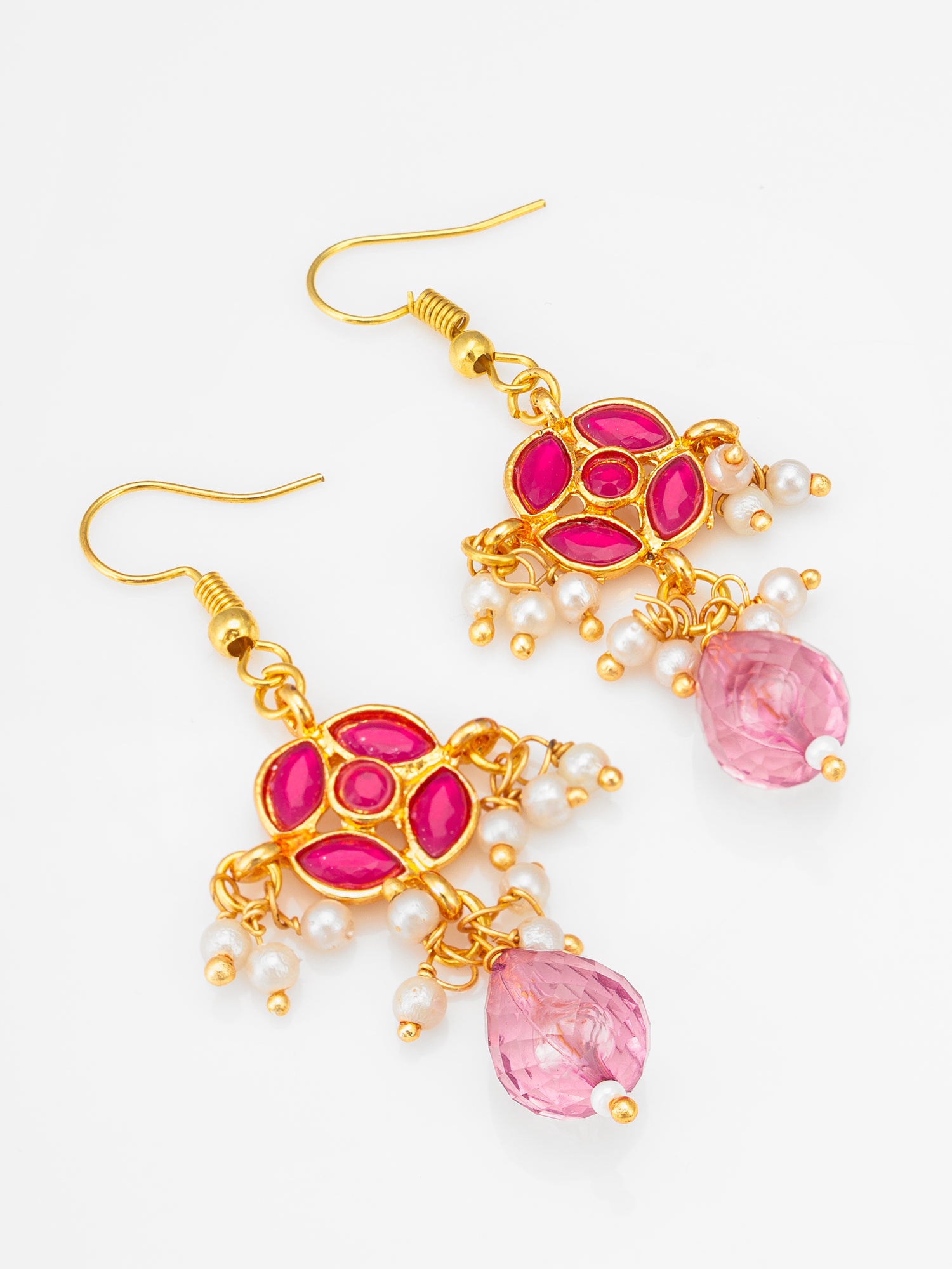 Graceful Pink Stone and Pearl Layered Necklace Set with Drop Earrings
